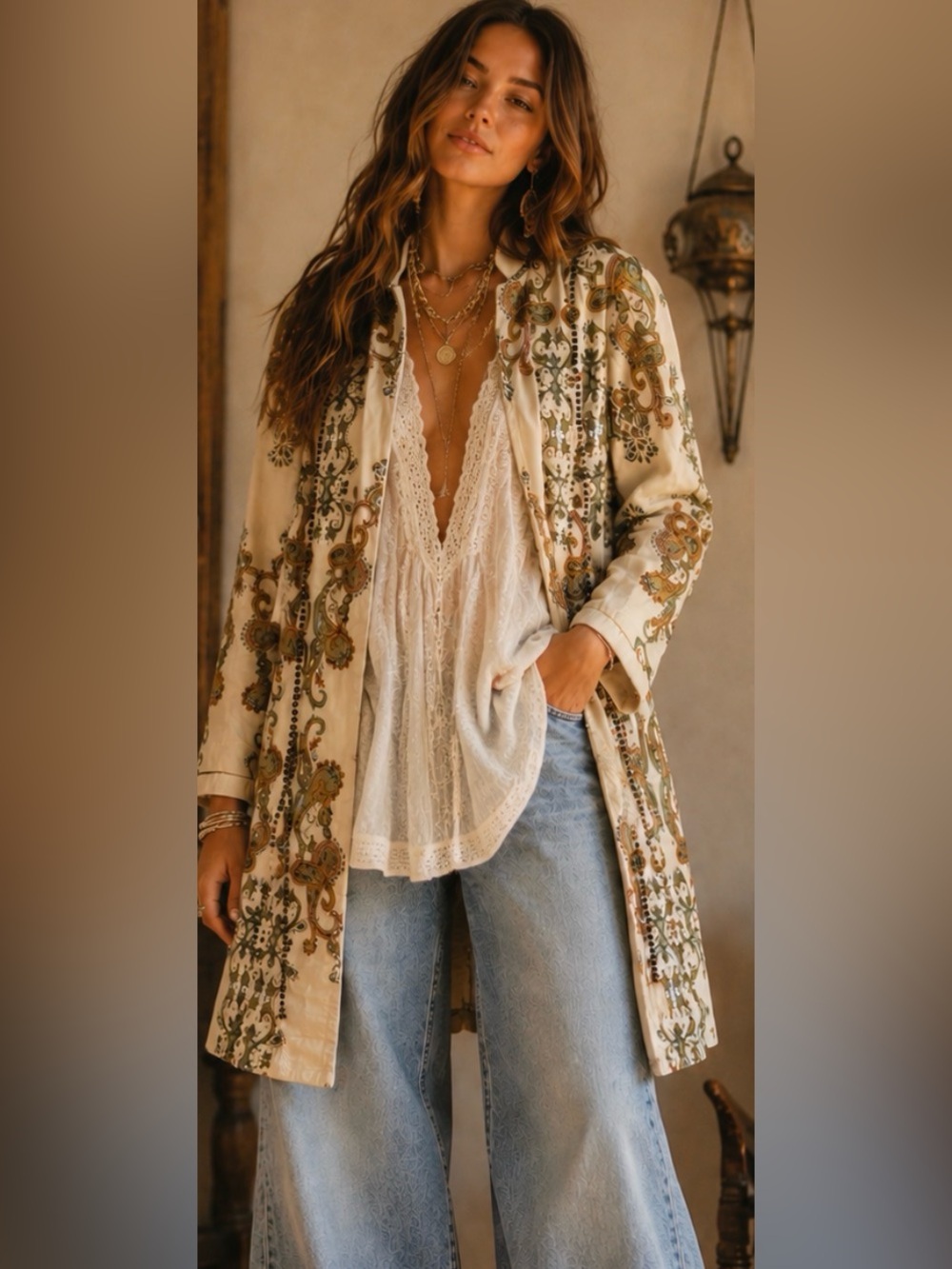 Embroidered Cream Paisley Long Coat